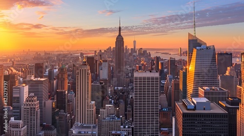 The NYC skyline at sunset features towering skyscrapers and vibrant colors  creating a breathtaking scene.