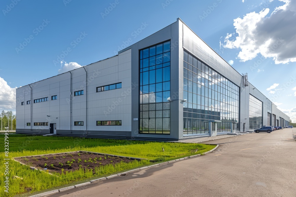 A gray warehouse with white walls and blue windows is located on the right side of an industrial park A gray warehouse with white walls and blue windows is located on the right side of an industrial park