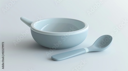 A detailed 3D render of a baby feeding spoon and bowl set