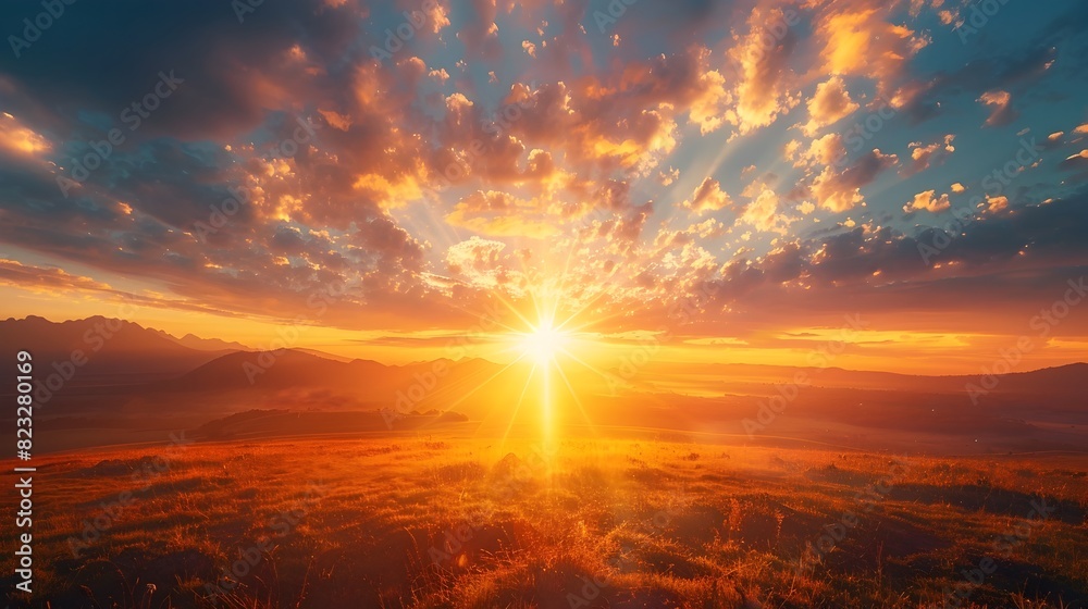 Vibrant Sunrise Over Serene Landscape Symbolizing New Beginnings and Endless Possibilities with Golden Light Illuminating the Sky and Earth Vibrant Sunrise Over Serene Landscape Symbolizing New Beginnings and Endless Possibilities with Golden Light Illuminating the Sky and Earth