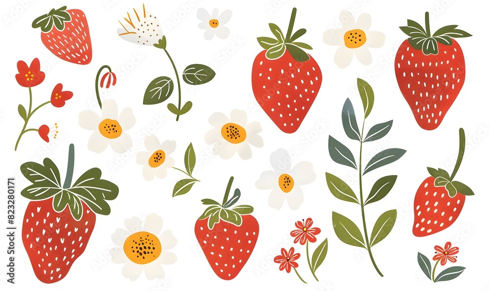 cute strawberry and flower illustrations design, Generative AI cute strawberry and flower illustrations design, Generative AI