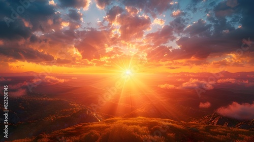 Breathtaking Vibrant Sunrise Over Serene Landscape Symbolizing New Beginnings and Endless Possibilities with Golden Light Illuminating Sky and Earth