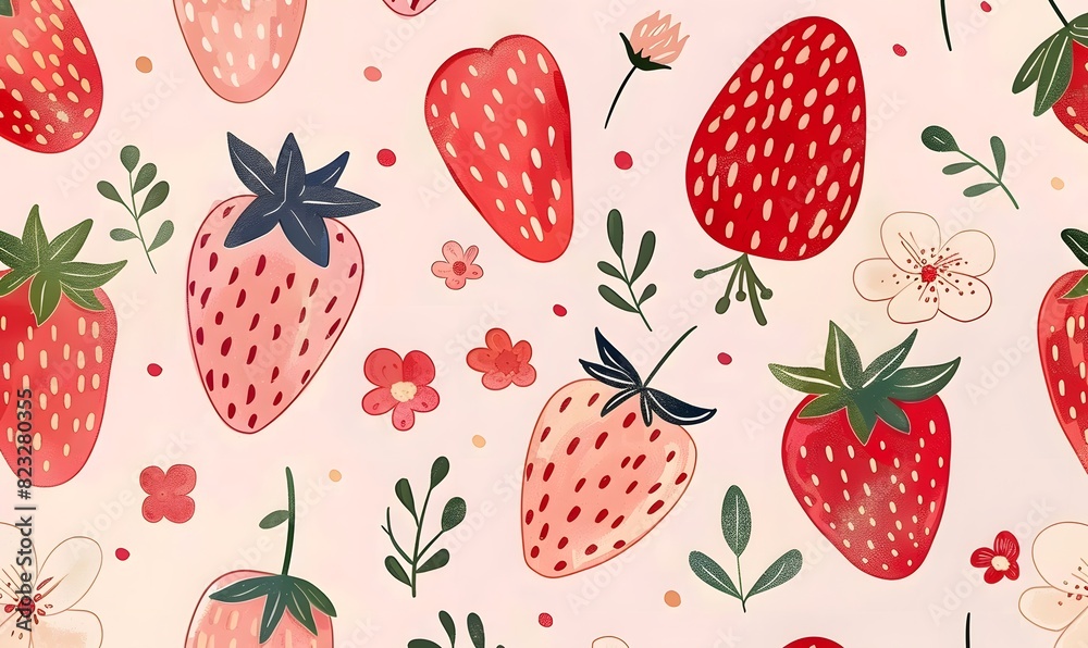 cute strawberry and flower illustrations design, Generative AI cute strawberry and flower illustrations design, Generative AI