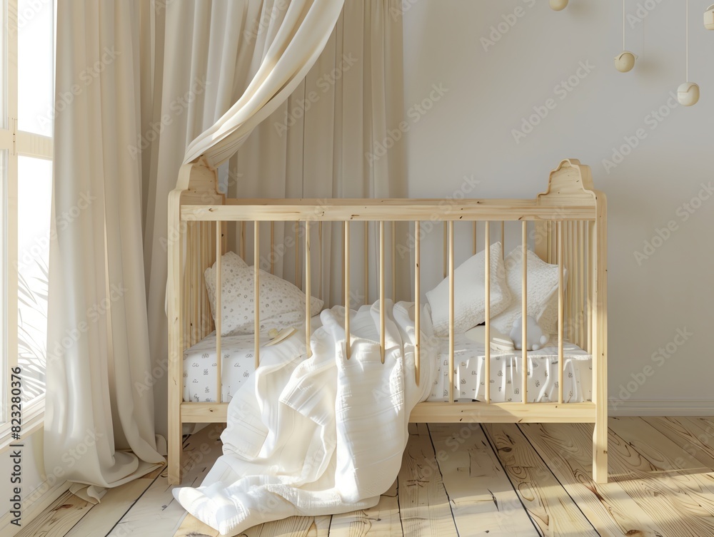 A realistic 3D render of a baby crib made of light wood with a soft pastelcolored bedding set A realistic 3D render of a baby crib made of light wood with a soft pastelcolored bedding set