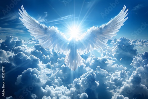 Heavenly White Dove with Glowing Light in Cloudy Blue Sky - Spiritual, Inspirational Concept for Posters and Cards