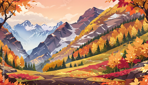 Mountain with Trees Showcasing Autumn Foliage Vector Art Background