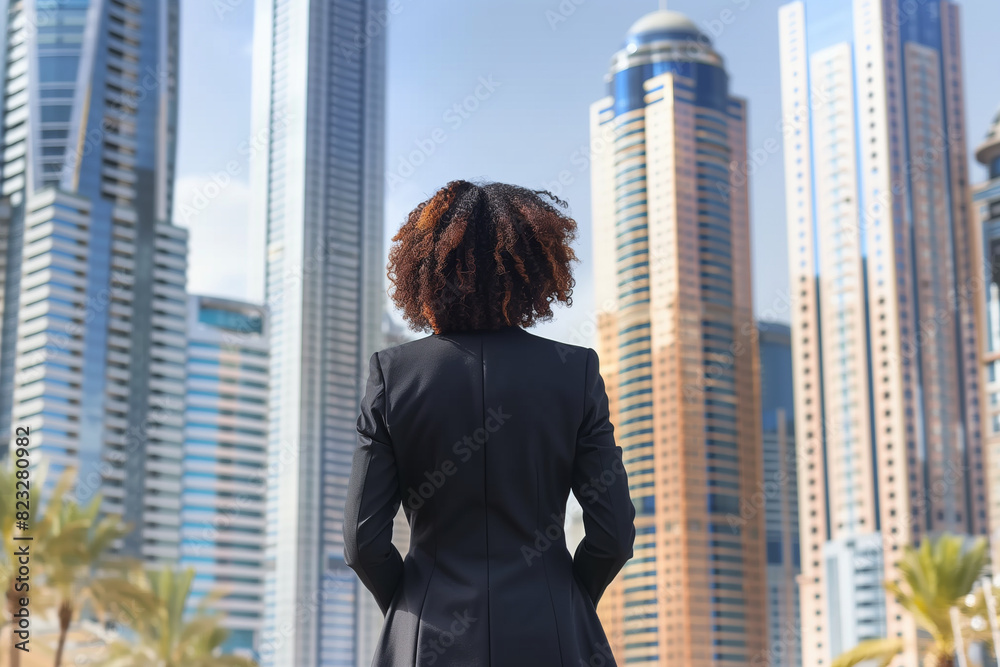 the back view of an African American businesswoman in a formal suit, framed against the impressive skyline of a modern city's business district. The woman stands confidently, symbo the back view of an African American businesswoman in a formal suit, framed against the impressive skyline of a modern city's business district. The woman stands confidently, symbo