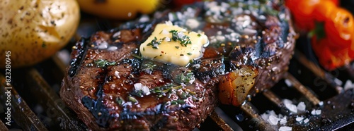 A close-up shot of a sizzling steak fresh off the grill perfectly seared and garnished with a pat of melting butter and a sprinkle of chopped herbs served alongside grilled vegetables and a baked photo