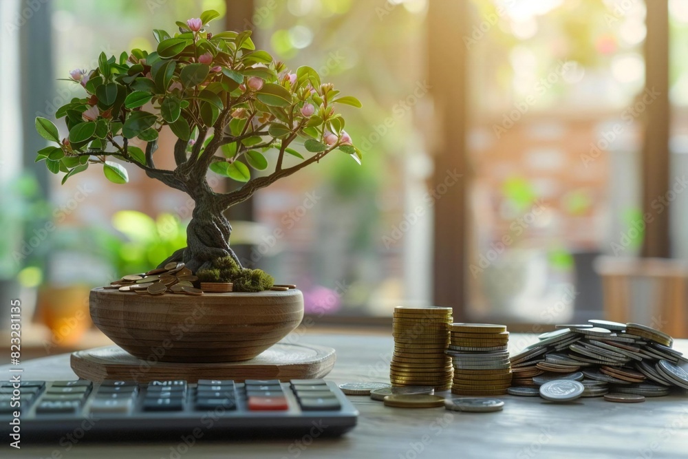 Concept of Financial Growth and Money Management Displayed on a Wooden Table Concept of Financial Growth and Money Management Displayed on a Wooden Table