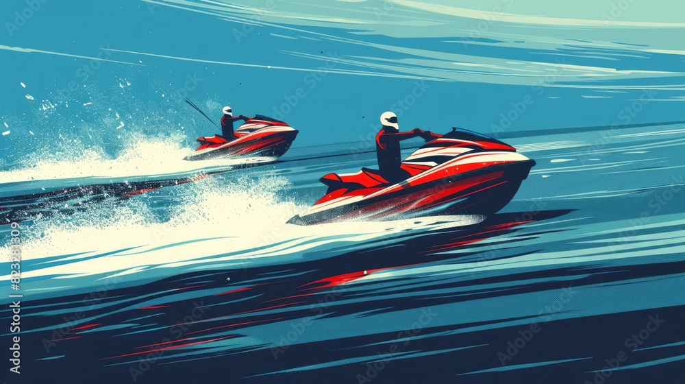 Jet Skis Racing Across The Water, Leaving White Trails Behind, Cartoon ,Flat color
