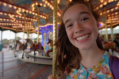 Exciting Carousel Ride with a Happy Girl © Yuliia
