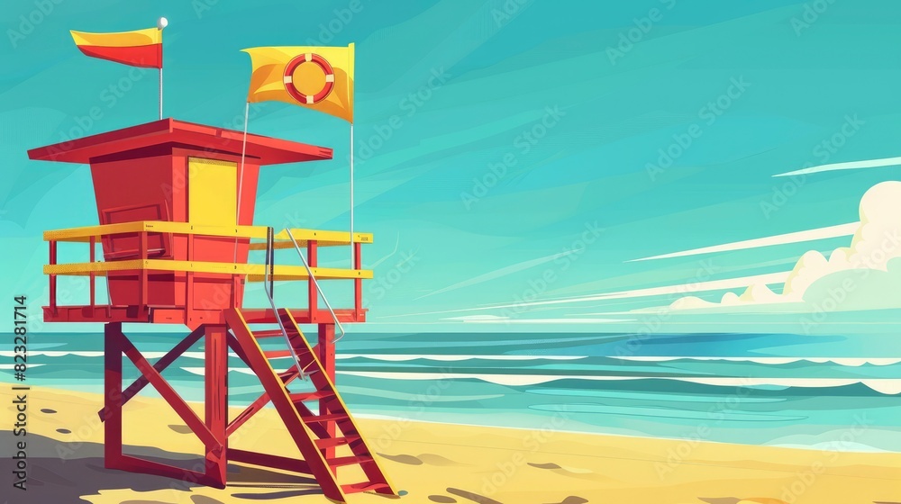 Lifeguard Tower Overlooking The Beach, Red And Yellow Flags Fluttering, Cartoon ,Flat color Lifeguard Tower Overlooking The Beach, Red And Yellow Flags Fluttering, Cartoon ,Flat color