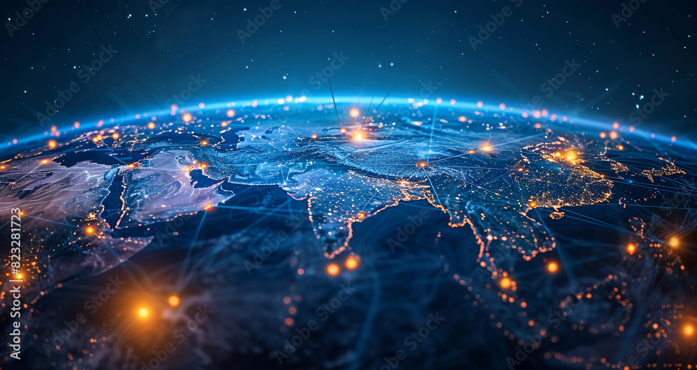 Wallpaper image of a digital world globe centered on India, concept art of technology, data transfer and connectivity Wallpaper image of a digital world globe centered on India, concept art of technology, data transfer and connectivity