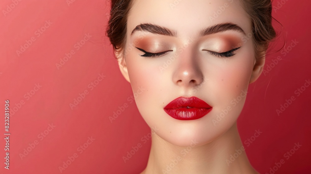A young woman with her eyes closed is wearing red lipstick and has a pink background.

