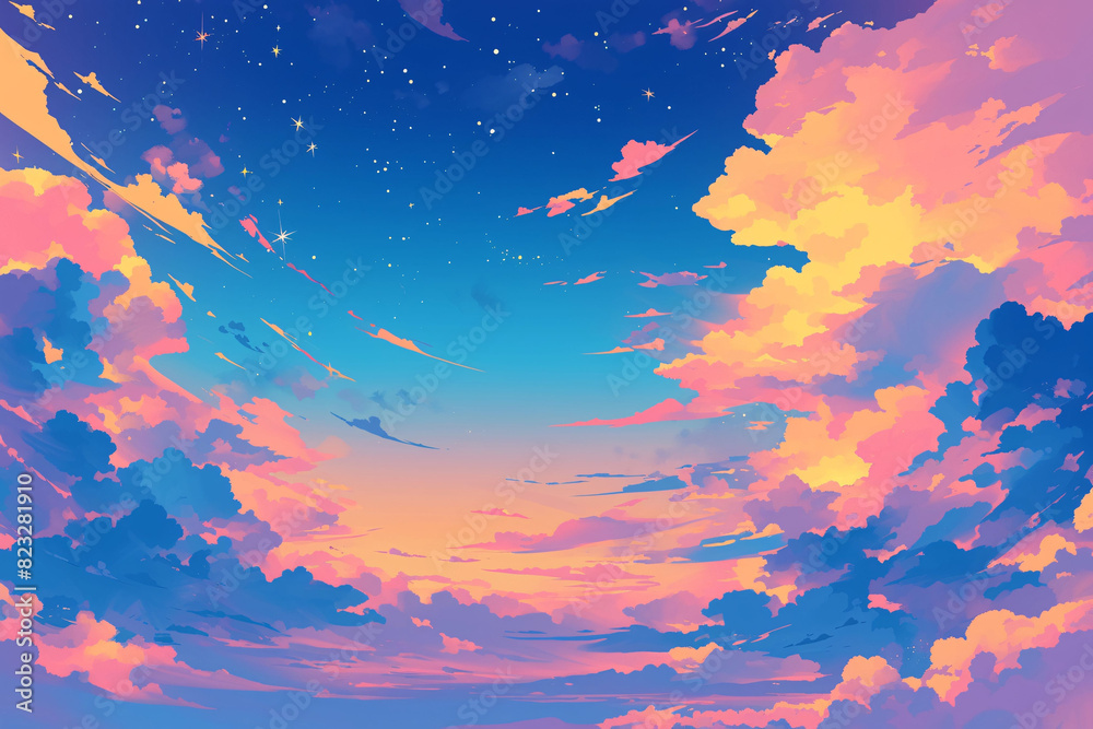 Illustration of dreamy healing clouds, illustration of beautiful summer sky cloud scenery