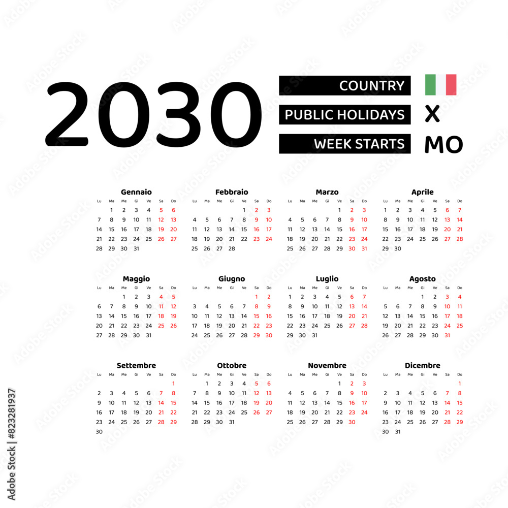 Calendar 2030 Italian language with Italy public holidays. Week starts from Monday. Graphic design vector illustration. Calendar 2030 Italian language with Italy public holidays. Week starts from Monday. Graphic design vector illustration.