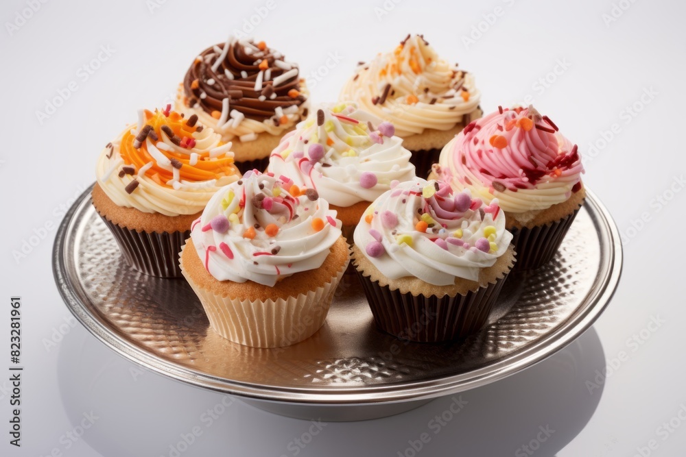 Juicy cupcakes on a metal tray against a white background