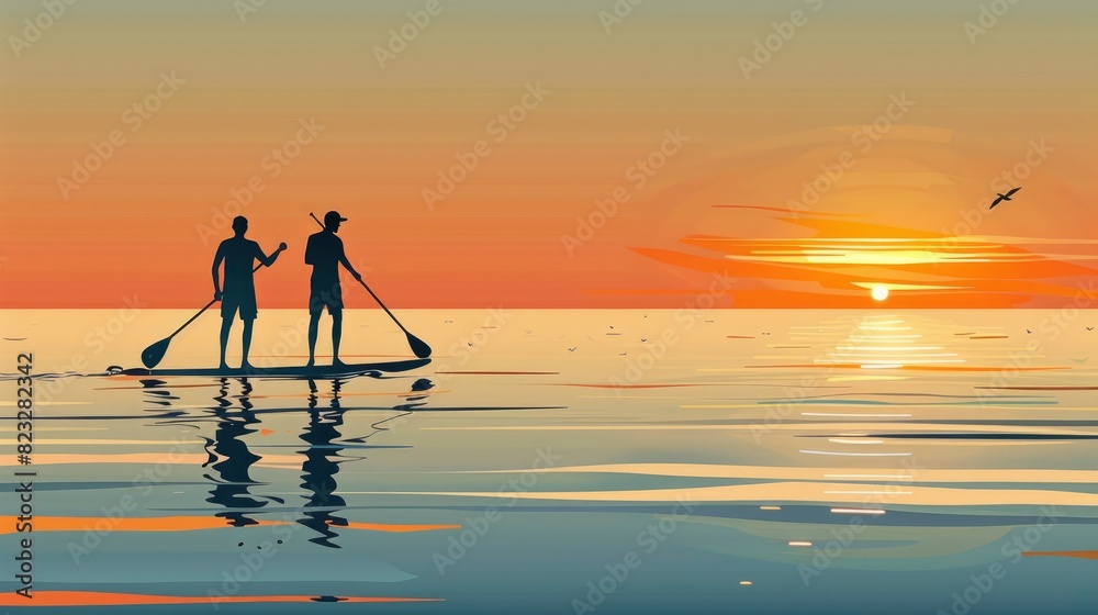 Paddleboarders Navigating The Gentle Surf, Silhouetted Against The Horizon, Cartoon ,Flat color
