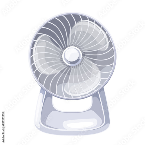 White plastic fan, cartoon electric appliance. Table fan with rotation propellers to ventilate air in summer heat, ventilation mascot, cartoon portable ventilator with blades vector illustration