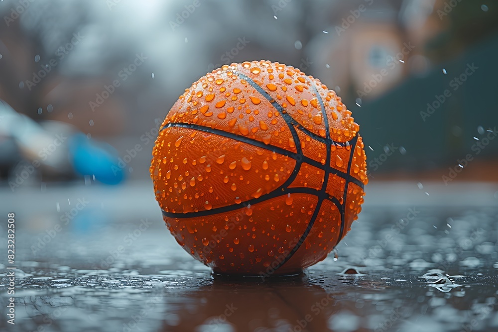 Rainy Weather Basketball Close-Up: Outdoor Sports Concept Stock Photo for Print, Card, Poster Design