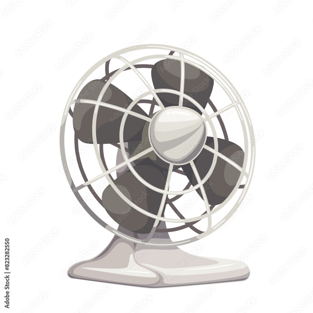 Obraz premium White portable fan for desk, cartoon electric appliance. Table ventilator with blades to cool air and ventilate room, cooling equipment mascot, cartoon fan with propeller and bars vector illustration
