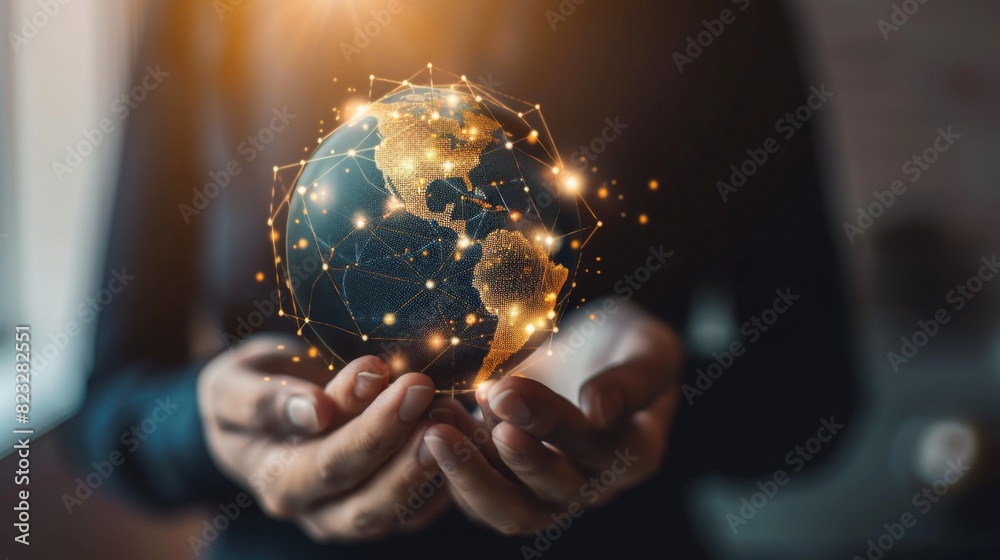 Fototapeta premium Businessman holding global network connection on social networking and customer data analytics,