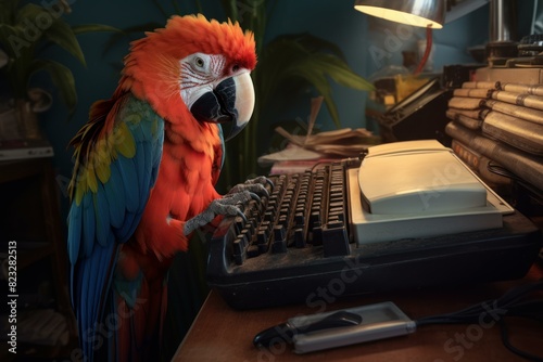 Vibrant scarlet macaw parrot perched on an antique typewriter in a cozy indoor setting