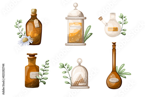 Vintage pharmacy set of glass jars and flasks