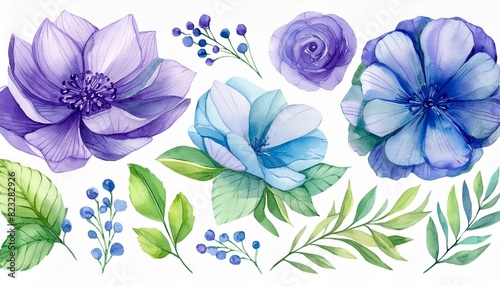 Watercolour floral illustration set. DIY violet purple blue flowers  green leaves elements collection - for bouquets  wreaths  wedding invitations  prints  fashion  birthday