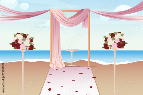 Wedding ceremony outdoor setup. Wedding ceremony setup with arch draped with ribbons and decorations. Vector illustration