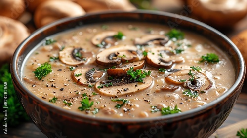 Delicious creamy mushroom soup garnished with fresh herbs in a rustic bowl. Perfect for a cozy and comforting meal.