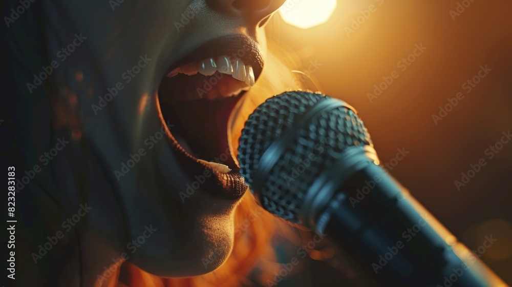Loudspeaker Mouth close to a microphone, amplifying the voice close up, focus on mouth communication dynamic, Silhouette, concert stage