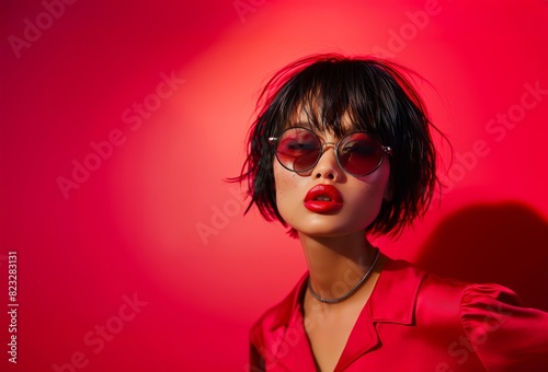 A stylish asian woman in a bold red blazer stands against a red gradient background