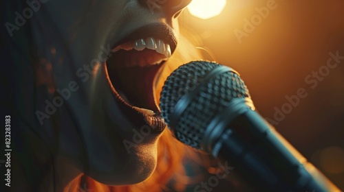 Obraz na płótnie Loudspeaker Mouth close to a microphone, amplifying the voice close up, focus on mouth communication dynamic, Silhouette, concert stage w salonie