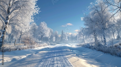 Snowcovered landscape with frosty trees and a clear blue sky photo