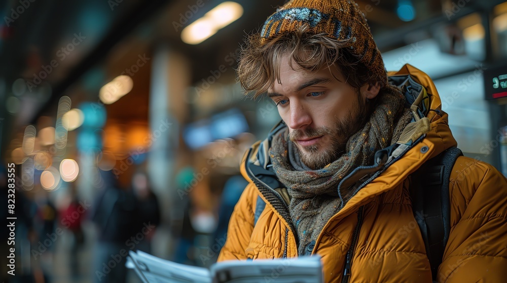 Young man with backpack reading a map at a busy train station, surrounded by blurred lights and people in motion. Young man with backpack reading a map at a busy train station, surrounded by blurred lights and people in motion.