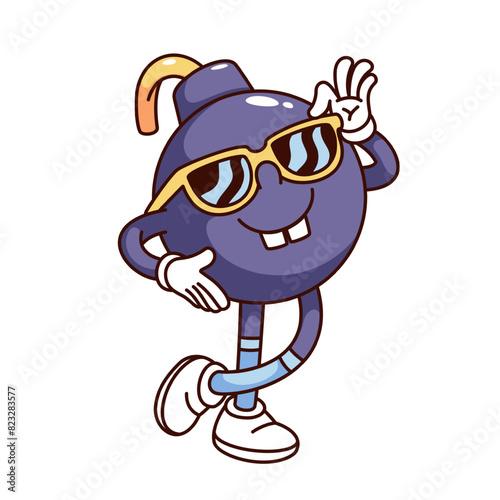 Groovy bomb cartoon character with sunglasses. Funny retro explosive purple ball with wick and confident pose, detonation mascot, cartoon funky bomb sticker of 70s 80s style vector illustration