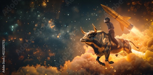 Playful digital artwork featuring a man in a spacesuit riding a rocket-propelled bull towards a moon, symbolizing financial market and bullish market photo