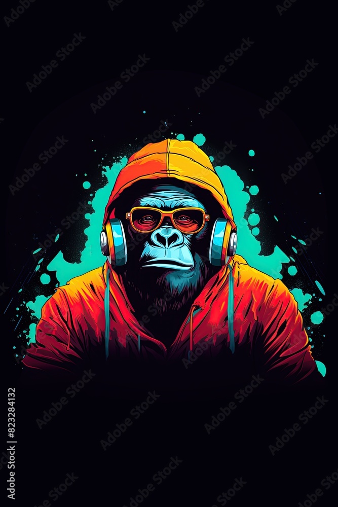 Gorilla rapper with headphones. Pop art style poster, t shirt design. Generative Ai Gorilla rapper with headphones. Pop art style poster, t shirt design. Generative Ai