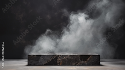 Rectangular stone podium on a in a dark room with smoke background. Backdrop for product presentation, advertising, mockup, showcasing with copy space.