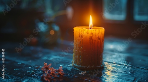 calm candlelight, one candle gently flickering in a dim room, creating a tranquil atmosphere aligned with zen principles of peace and meditation photo
