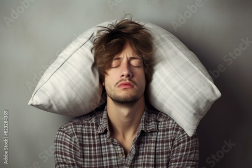Young man in a plaid shirt naps restfully with a pillow covering his head against a neutral background photo