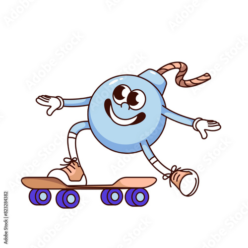 Groovy bomb cartoon character skateboarding with funky smile. Funny retro blue bomb with wick and skateboard, destruction and explosion mascot, cartoon sticker of 70s 80s style vector illustration