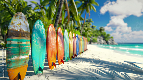 a row of surfboards that are lined up on a beach. photo