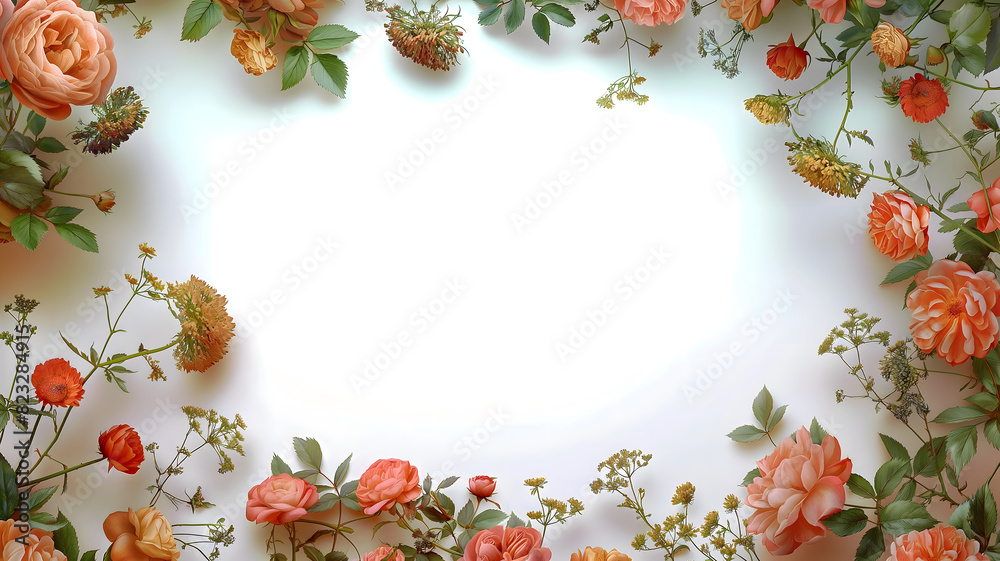 Flower frame surrounded by various flowers, a combination of watercolor and realistic effects Flower frame surrounded by various flowers, a combination of watercolor and realistic effects