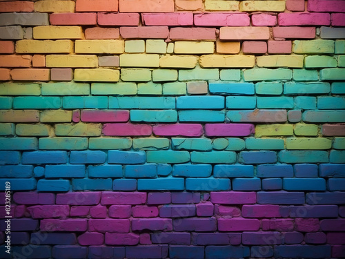 colorful bricks are arranged in a wall, one of which is painted with different colors