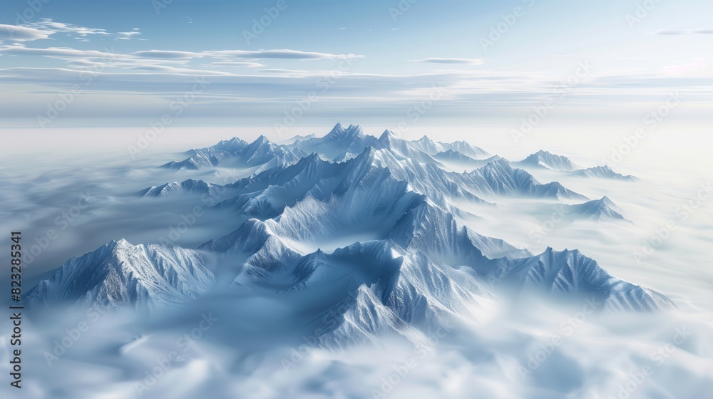 Fototapeta premium A mountain range floats above an ocean of clouds, evoking wonder and surreal beauty.