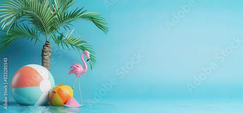 3D render of a minimal summer concept with a palm tree, beach ball and pink flamingo float on a blue background. Minimal summer theme. Bright colors and a solid background. The image is rendered in th