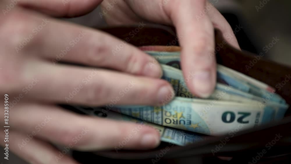Counting money inside the wallet. 20 euro bills. Close-up. Slow motion stock HD video