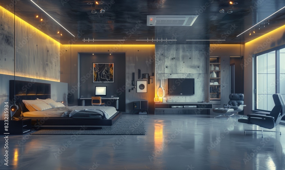 A modern industrious design bedroom with king bed. Concrete floor, LED light strip, abstract art A modern industrious design bedroom with king bed. Concrete floor, LED light strip, abstract art